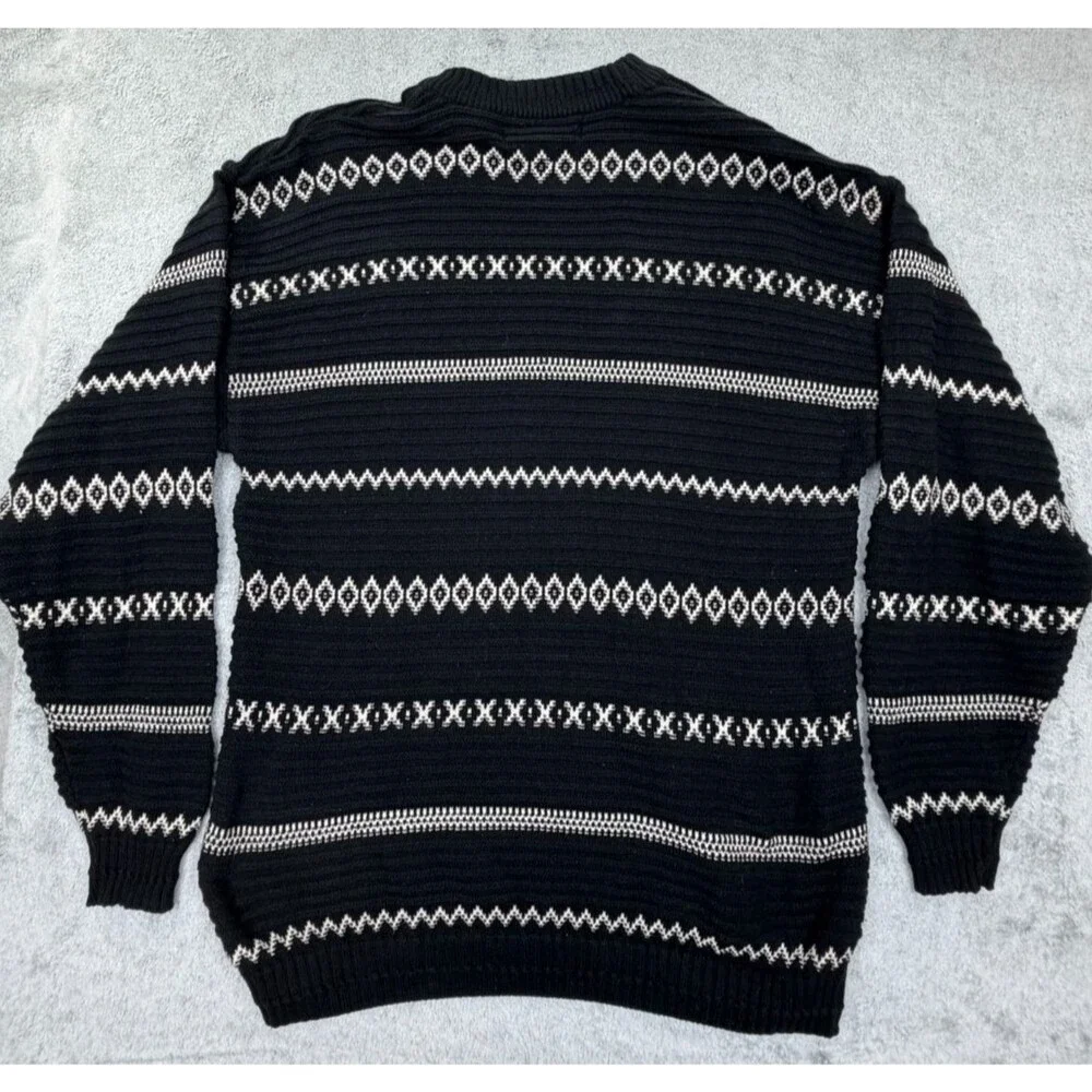 VINTAGE Jantzen Sport Sweater Mens Large Black White Cotton Knit Pullover 90's